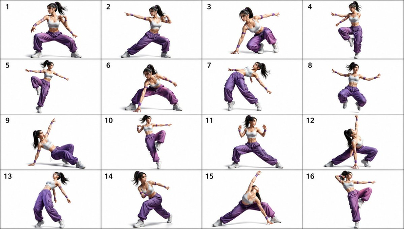 gpt2-comic-storyboard-16-pose-dance-combat-reference-sheet AI image template preview