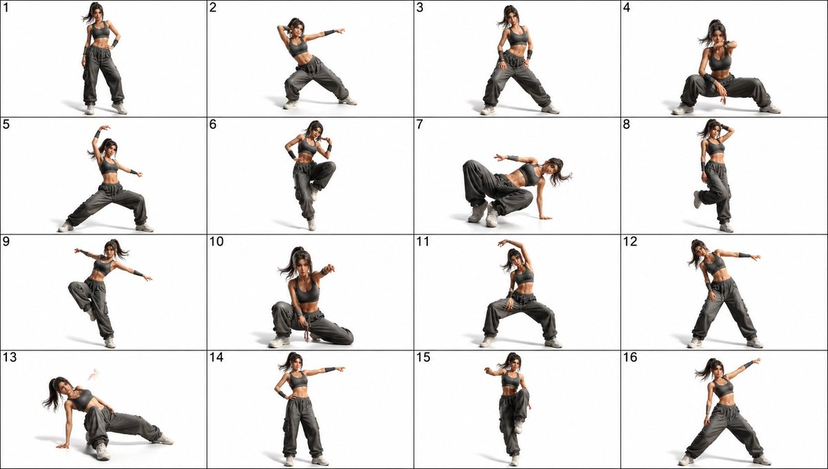gpt2-comic-storyboard-16-panel-female-dance-pose-sheet AI image template preview