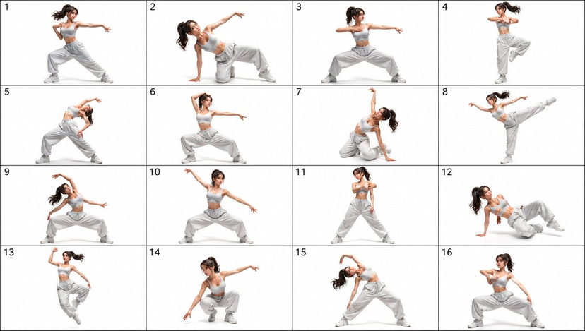 gpt2-comic-storyboard-16-pose-dance-reference-sheet AI image template preview