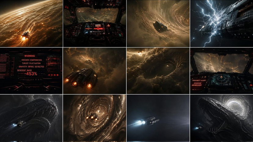 gpt2-comic-storyboard-gas-giant-descent-storyboard AI image template preview