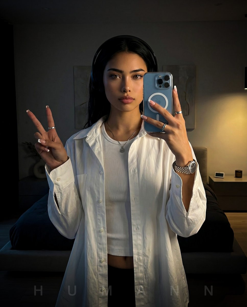 Nano Banana - Peace Sign Bedroom Selfie AI image template preview