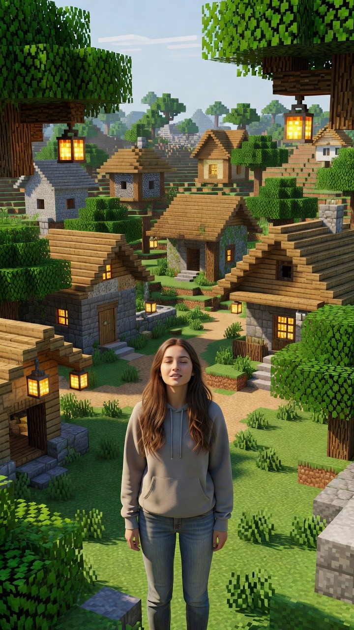 Photoreal Village Lanterns Minecraft Scene AI image template preview