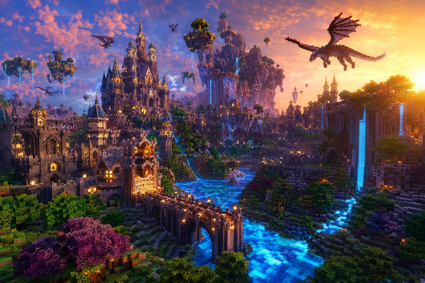 Minecraft Fantasy Kingdom Voxel Landscape AI image template preview