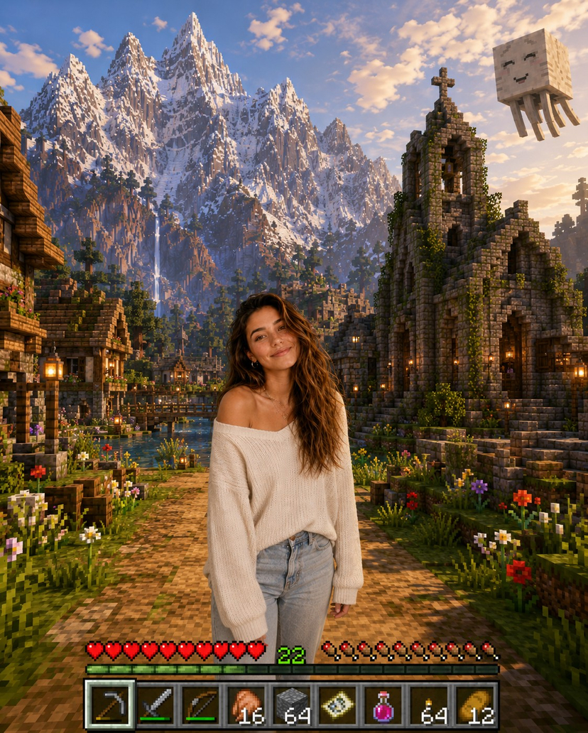 Photoreal Selfie Minecraft Village Ghast UI AI image template preview