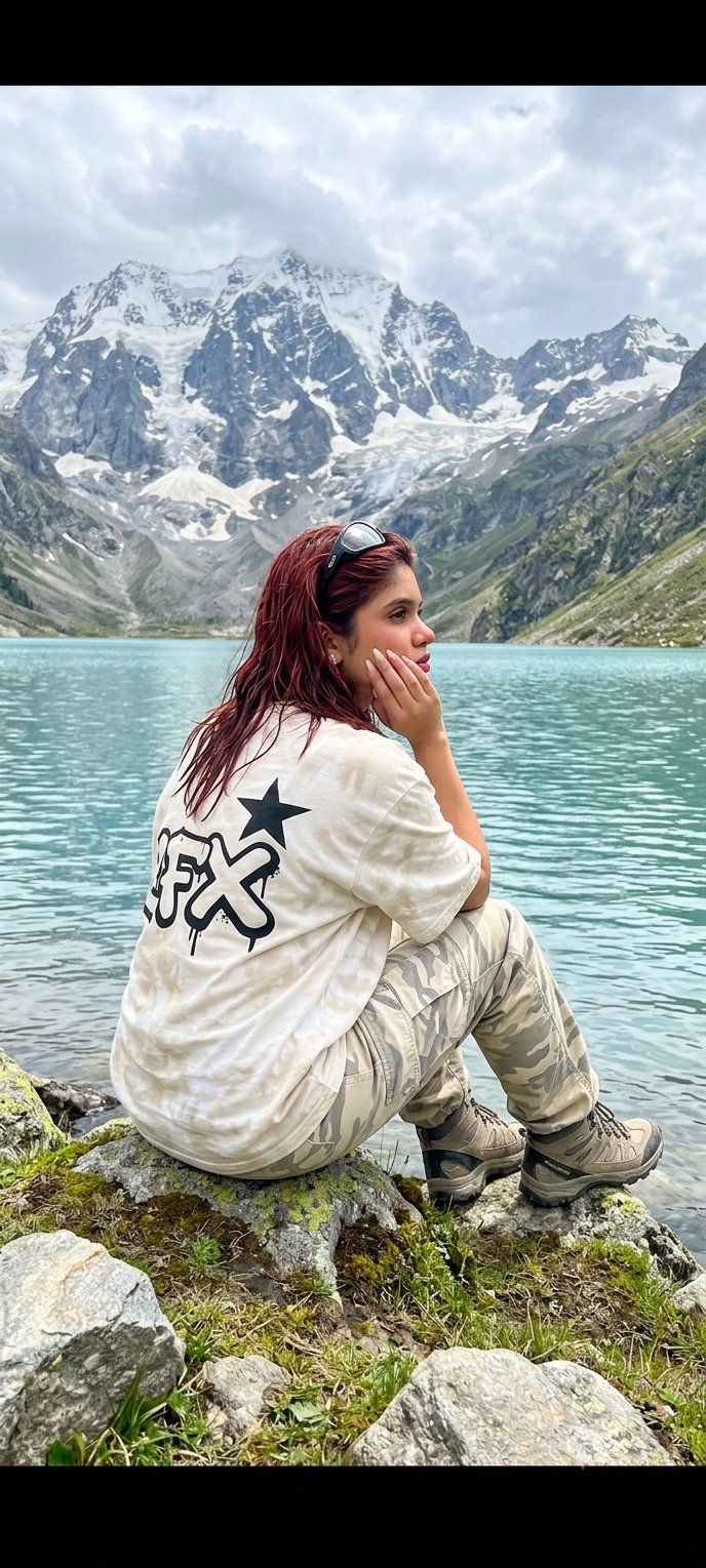 Teen Girl Alpine Lake Mountain View AI image template preview