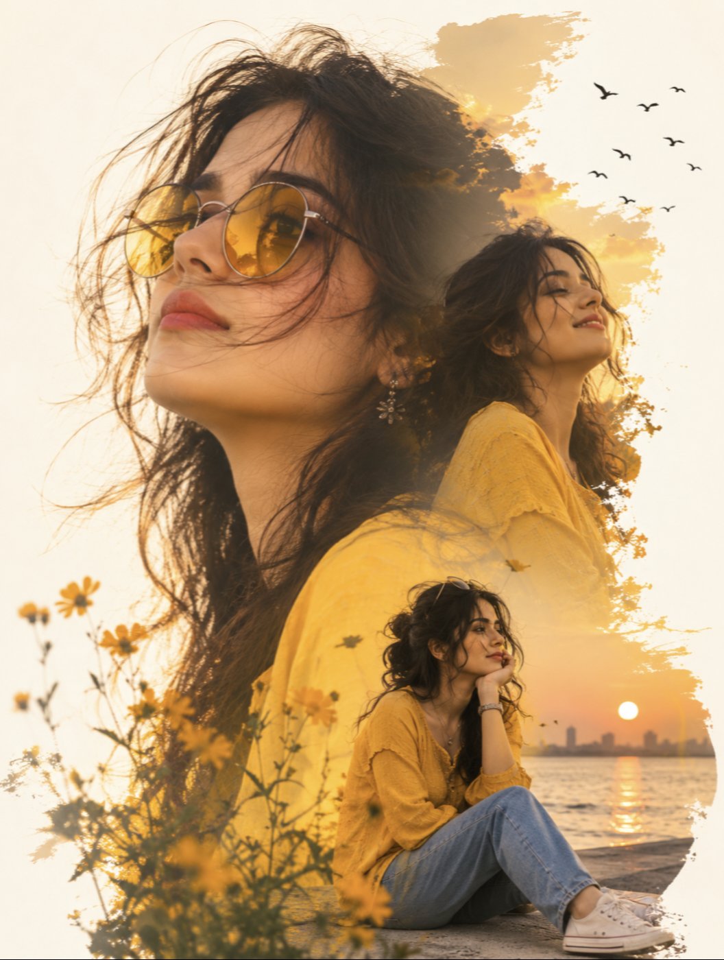Yellow Sunglasses Double Exposure Sunset - AI image template preview