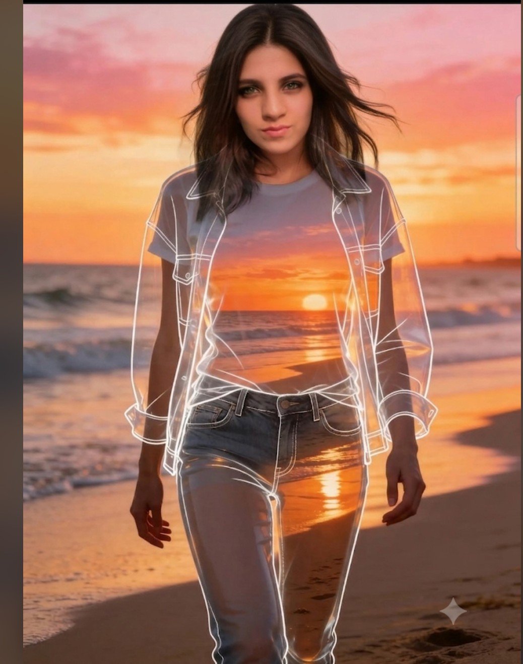 Beach Sunset Double Exposure Wireframe Portrait - AI image template preview