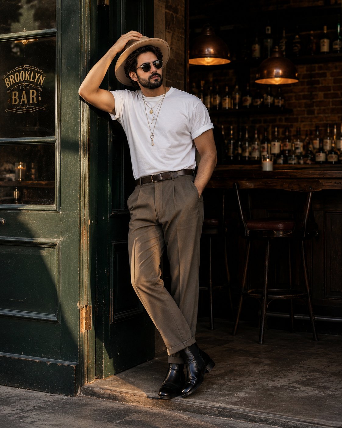 Golden Hour Fedora Bar Doorway Street Style - AI image template preview