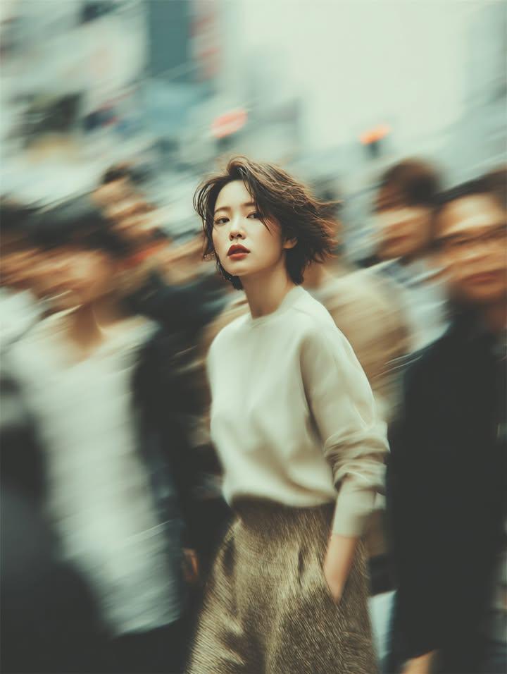Cinematic Street Fashion Portrait Motion Blur Crowd - AI image template preview