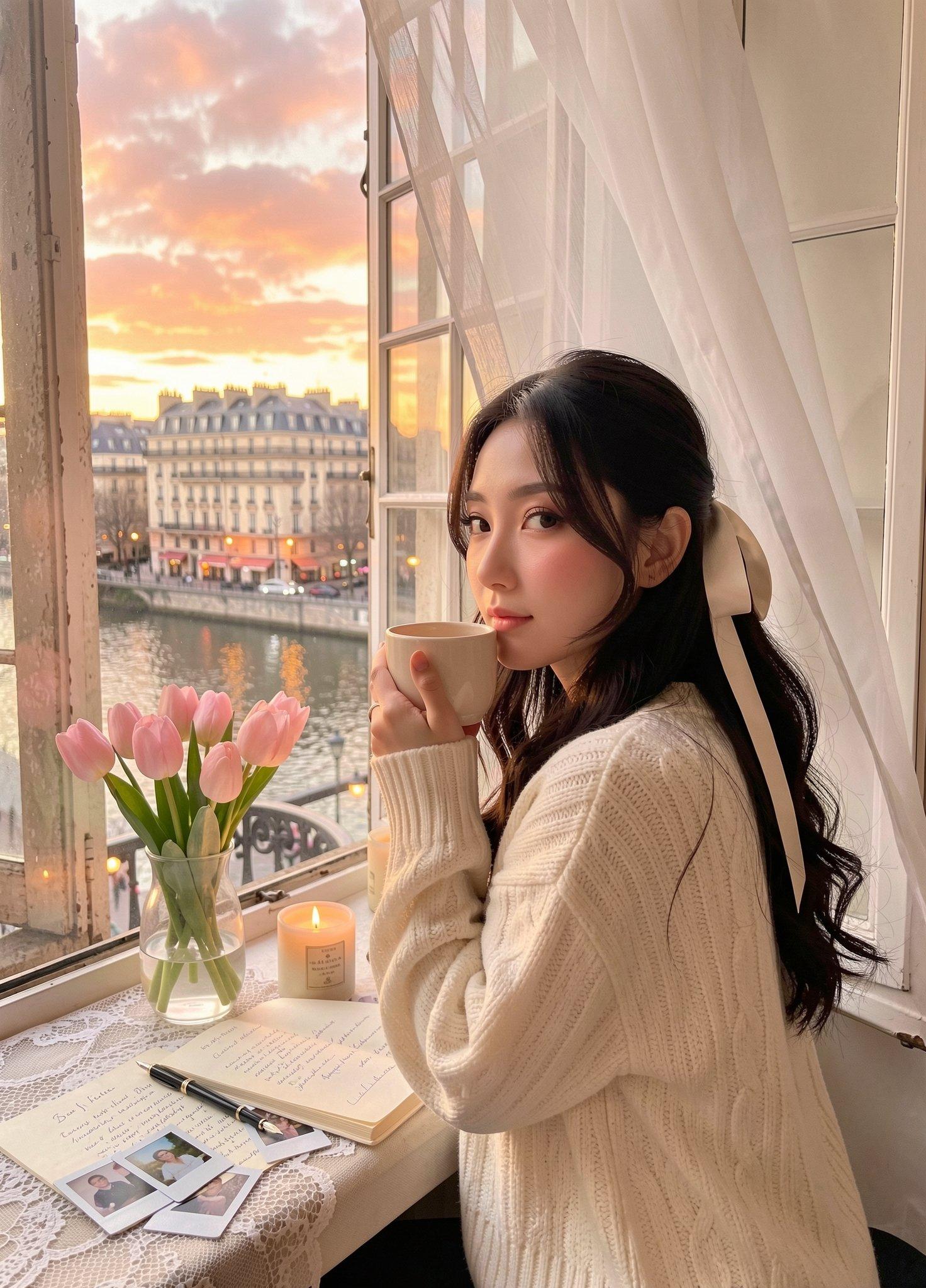 Cozy Knit Sweater Window Portrait - AI image template preview