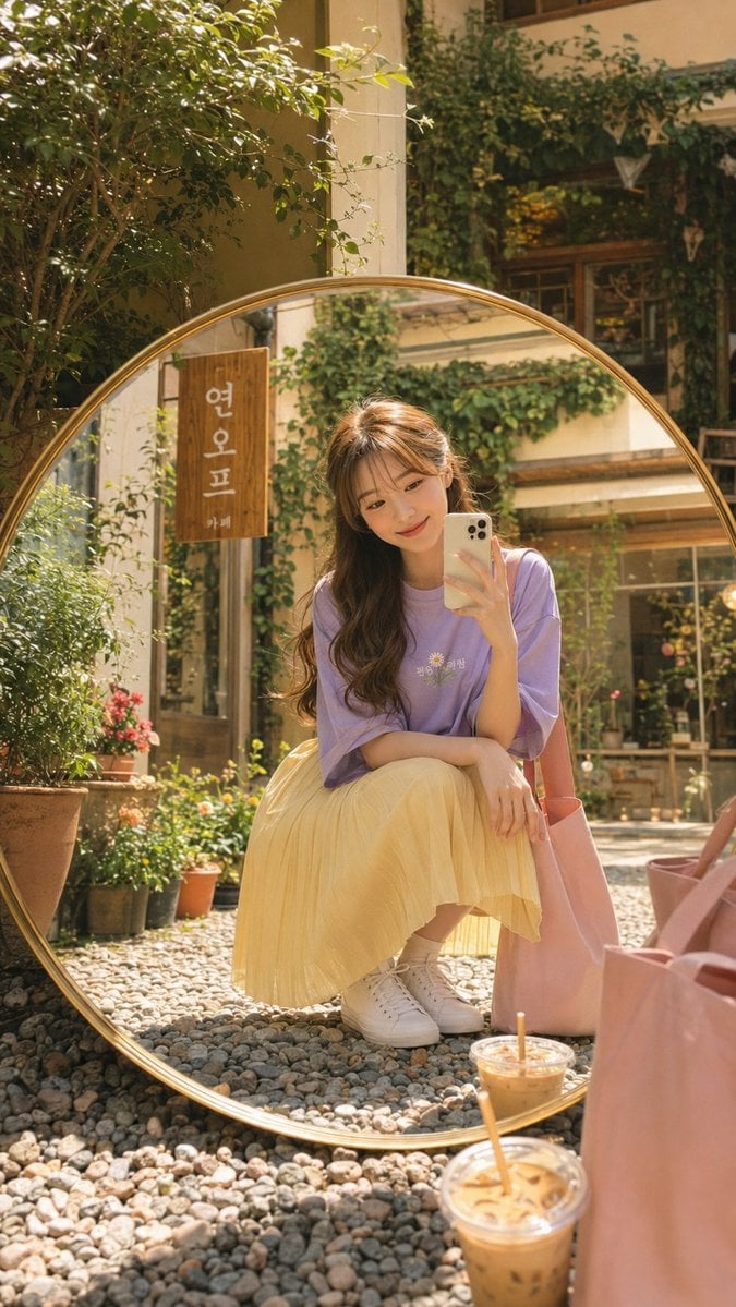 Korean Cafe Courtyard Gold Frame Mirror Selfie - AI image template preview