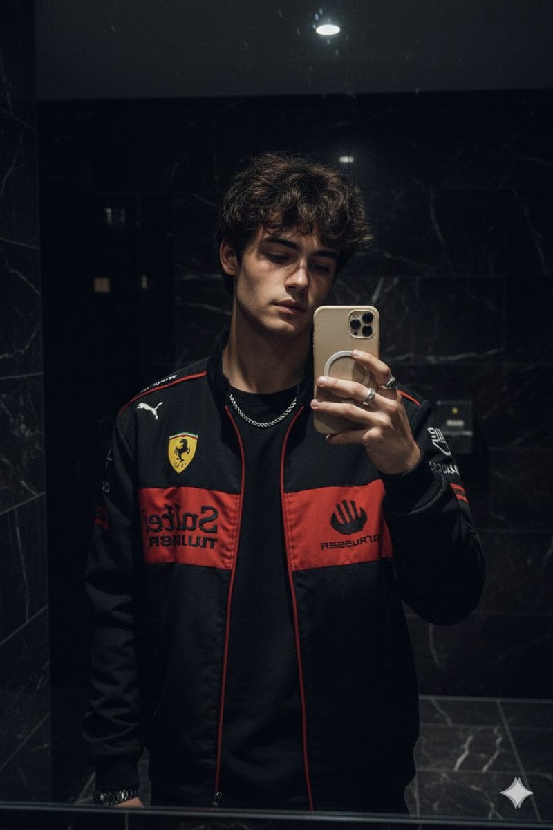 Dark Marble Bathroom Racing Jacket Mirror Selfie - AI image template preview
