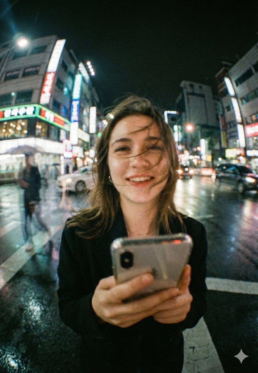 Neon Night Crosswalk Candid Portrait - AI image template preview