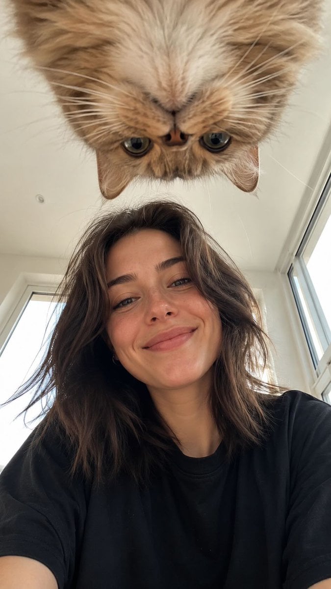 Low Angle Floor Selfie With Upside Down Cat - AI image template preview