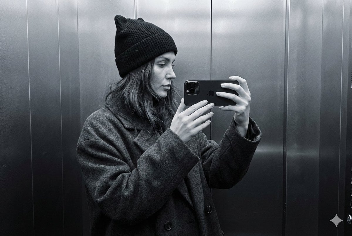 Monochrome Elevator Profile Cat Ear Selfie - AI image template preview