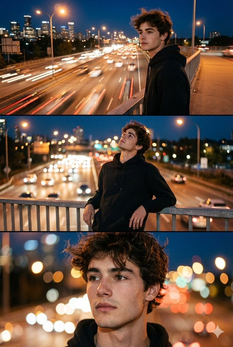 Night City Bridge Triptych Portrait Session - AI image template preview