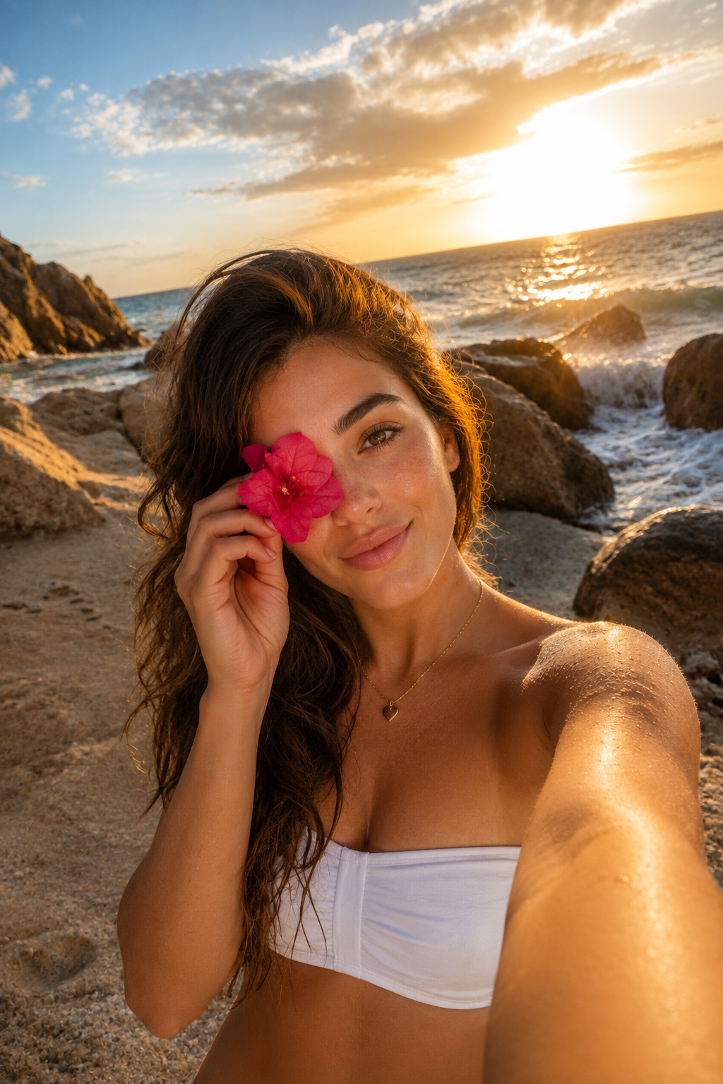 Seaside Golden Hour Selfie — Fuchsia Blossom & Freckles - AI image template preview
