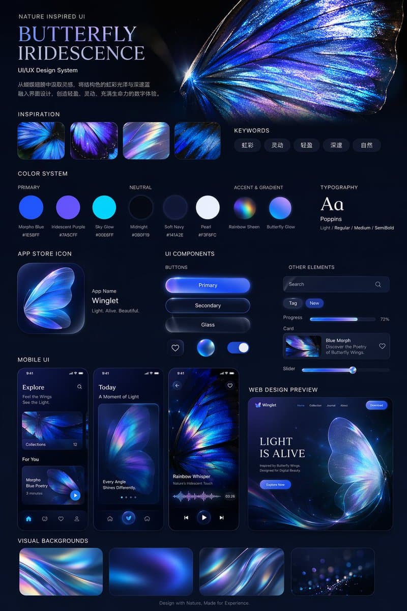Iridescent Butterfly UI/UX Design System - AI image template preview