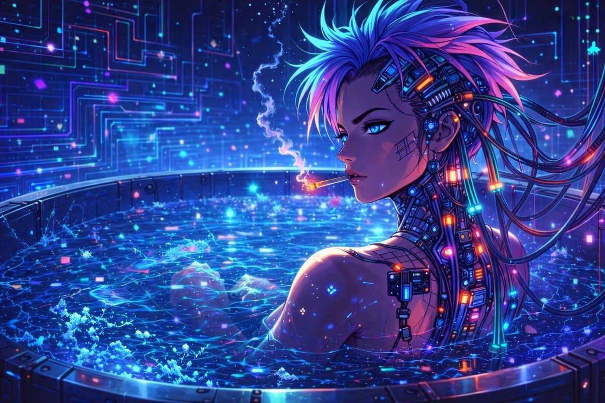 Cyberpunk Anime Character in Neon Tub - AI image template preview