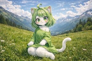 Anime Cat-Girl in Realistic Alpine Meadow - AI image template preview
