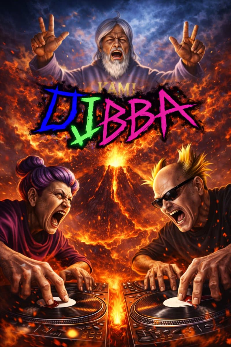 Intense Elderly DJ Volcano Poster - AI image template preview