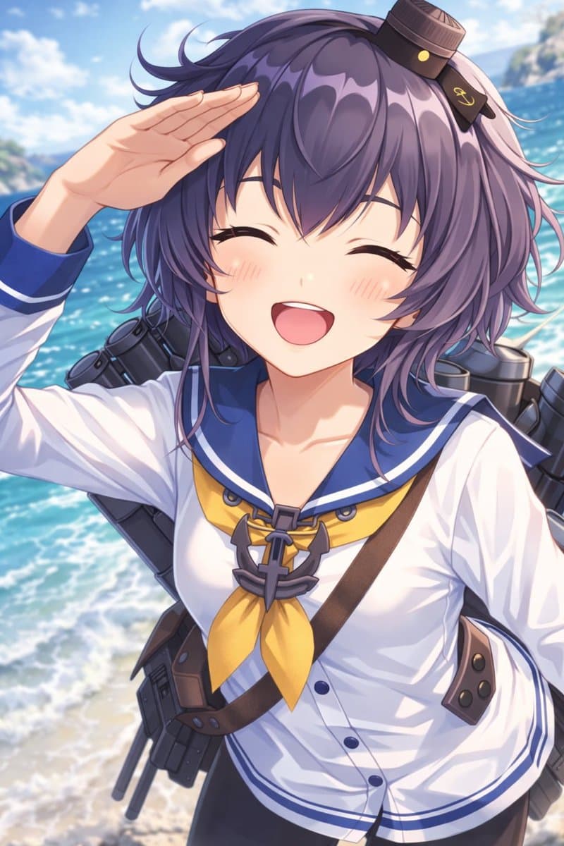 Anime Ship Girl Saluting on Beach - AI image template preview