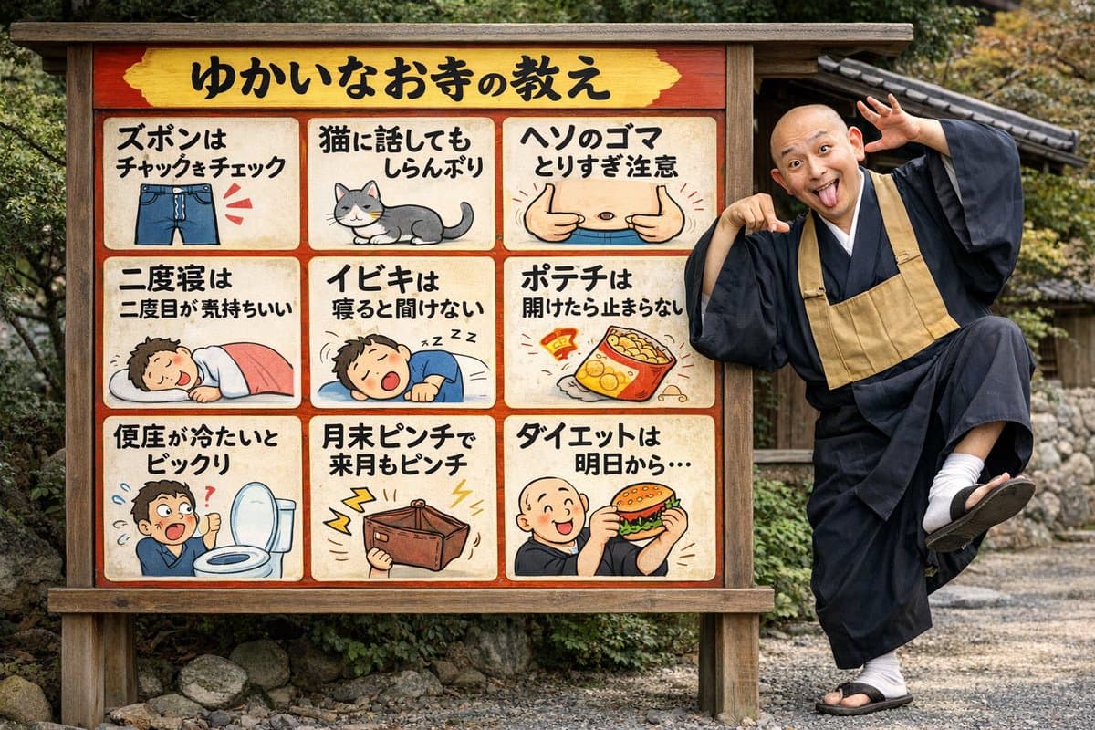 Humorous Temple Signboard with Goofy Monk - AI image template preview