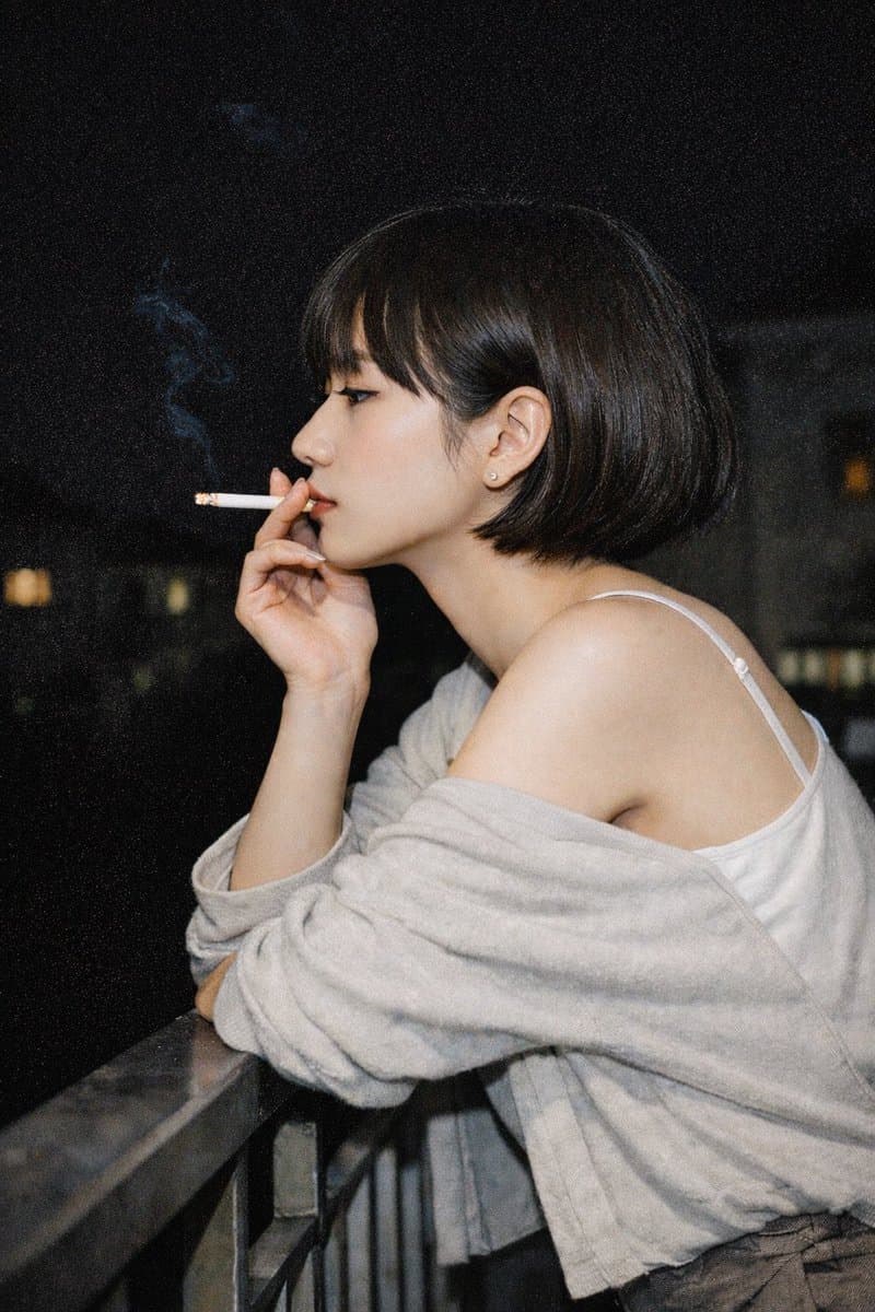 Cinematic Night Portrait of a Woman Smoking - AI image template preview