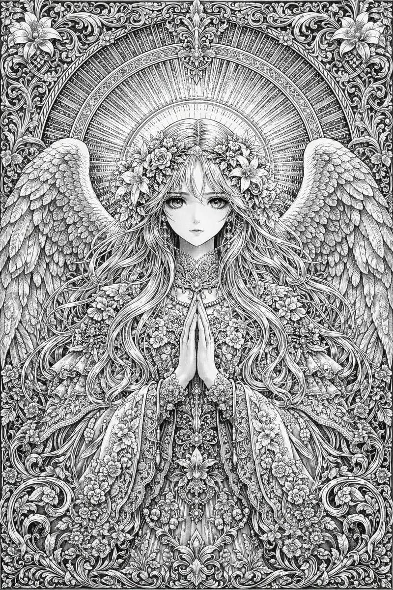 Intricate Monochrome Angel Line Art - AI image template preview