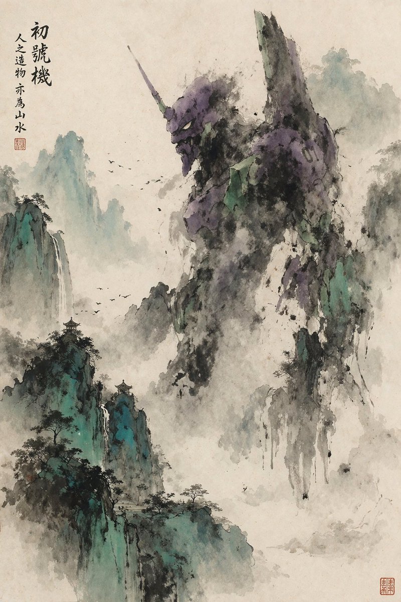 Mecha Ink Wash Landscape Painting - AI image template preview