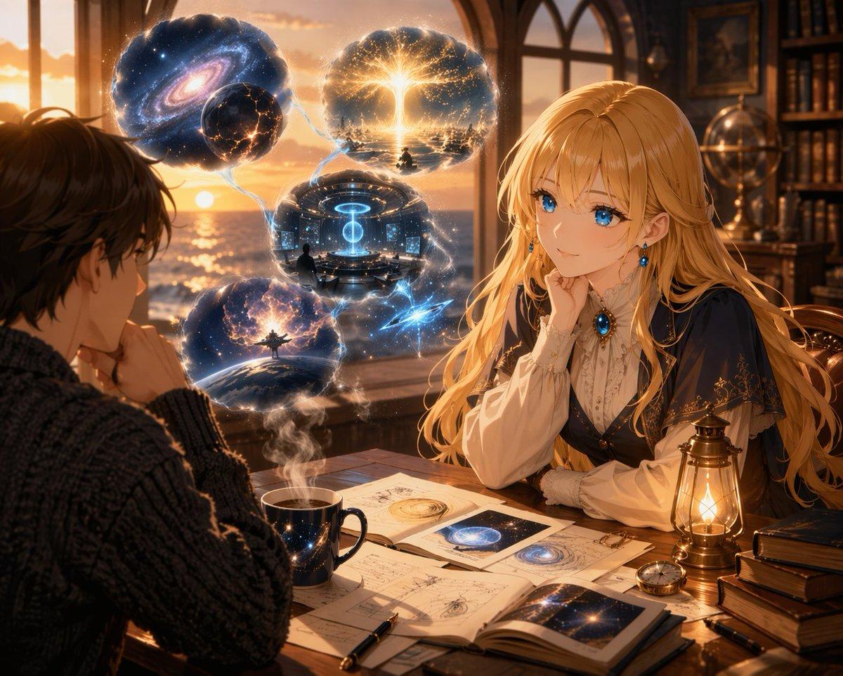 Anime Scholars with Cosmic Holograms - AI image template preview