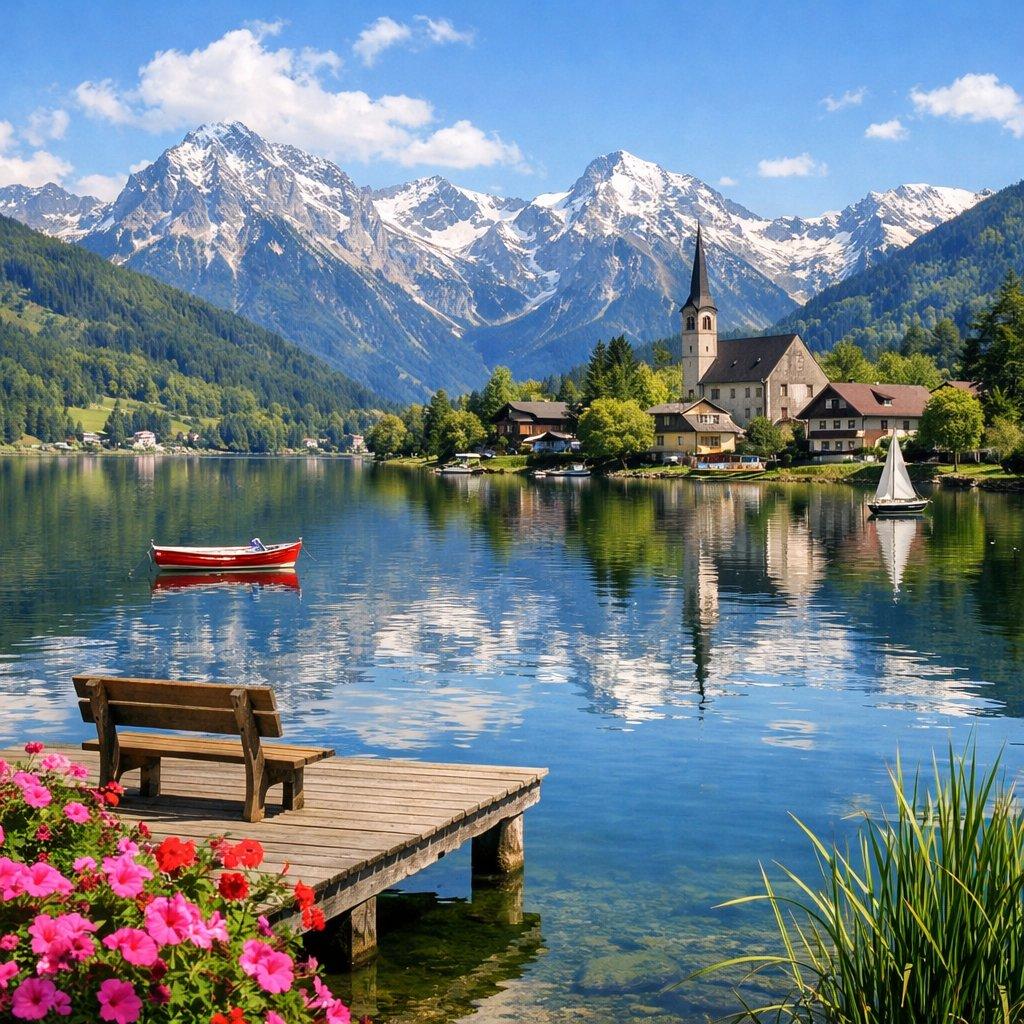 Idyllic Alpine Lake Village Landscape - AI image template preview