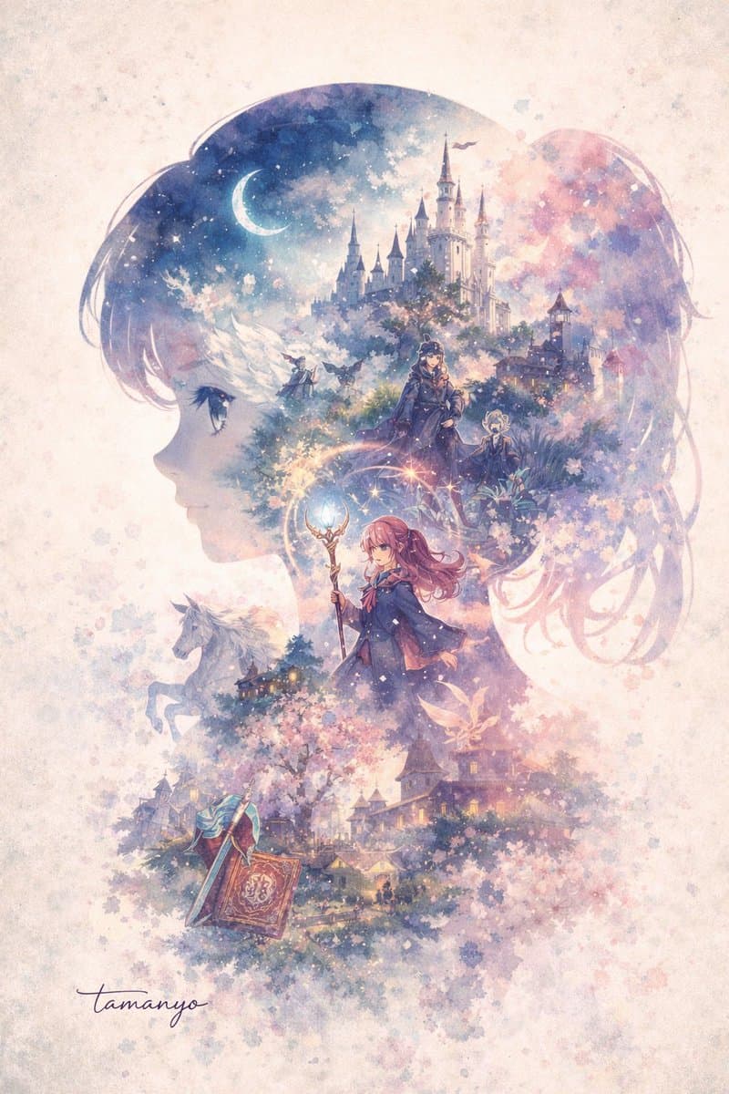 Watercolor Double-Exposure Fantasy Silhouette - AI image template preview