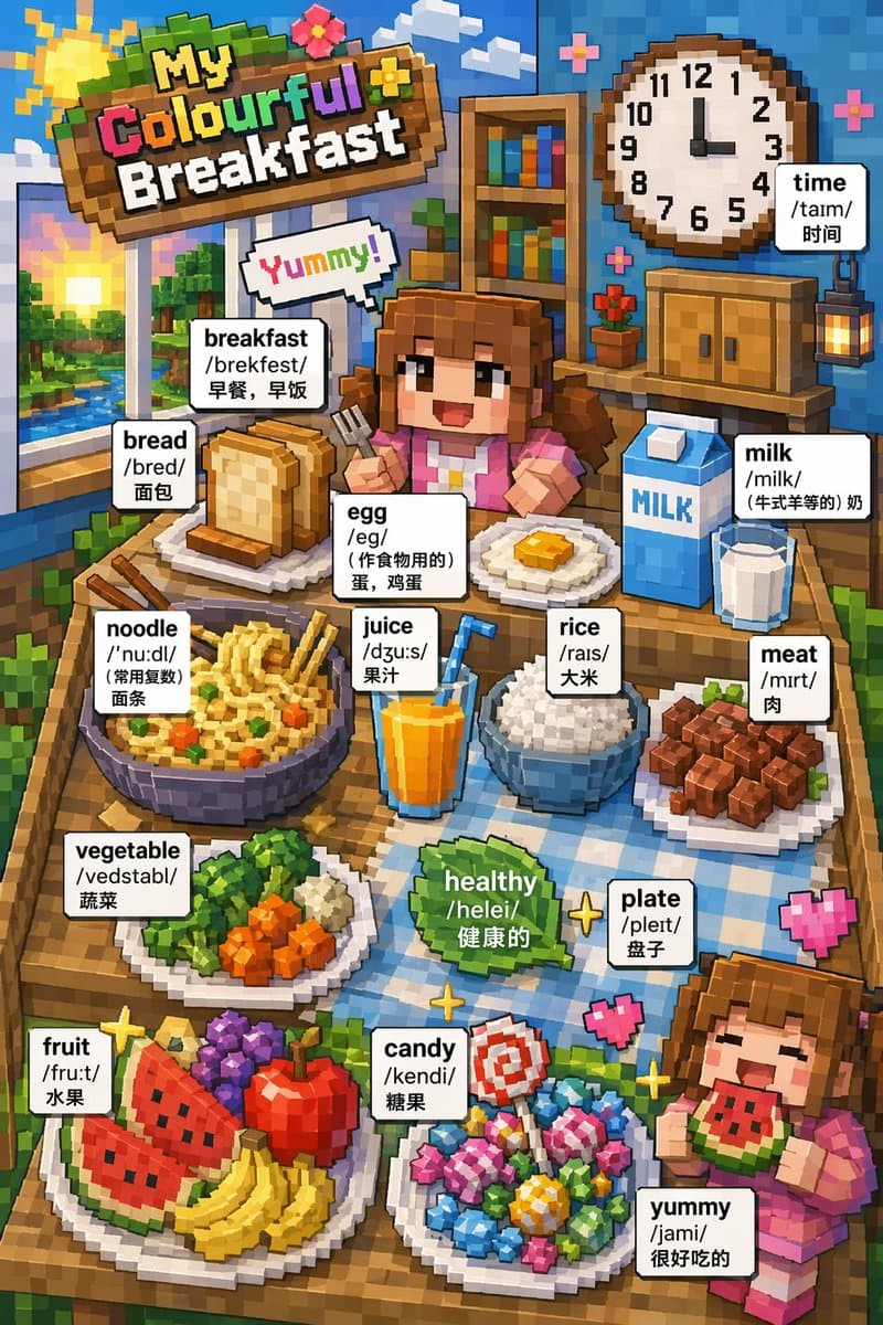 Voxel Art Bilingual Breakfast Vocabulary Poster - AI image template preview