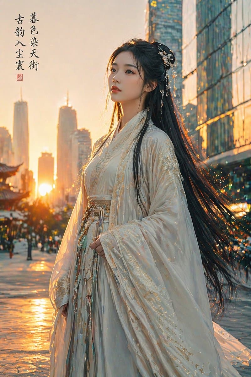 Classical Beauty in Modern Urban Sunset - AI image template preview
