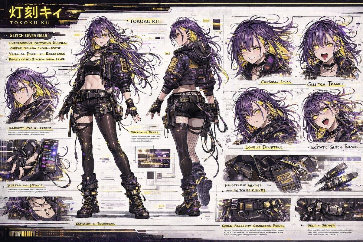 Cyberpunk Anime Character Concept Sheet - AI image template preview