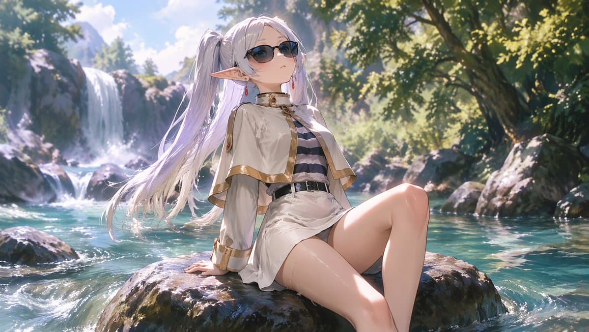 Anime Elf Girl Relaxing in a Forest River - AI image template preview