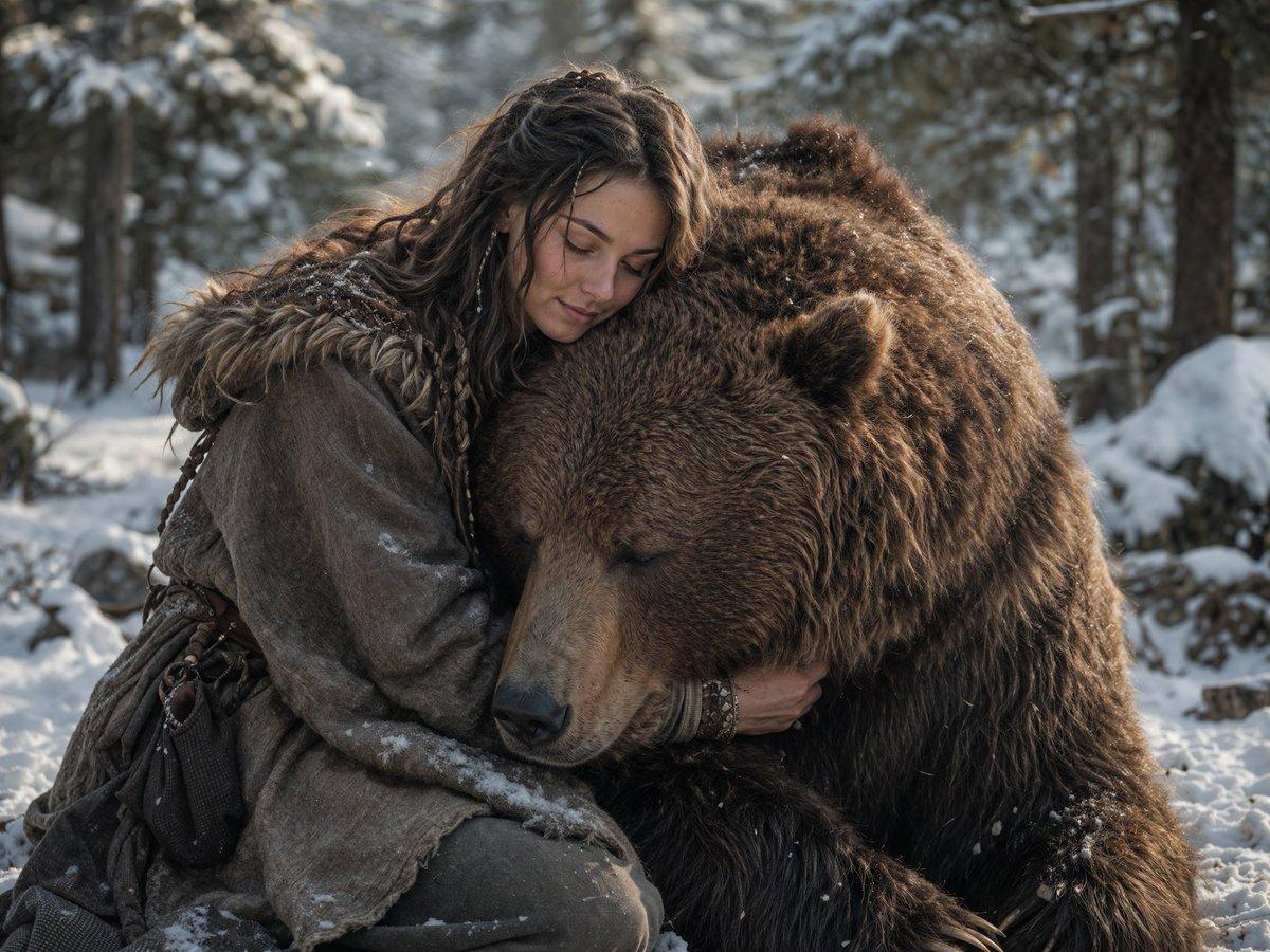 Woman Embracing a Bear in Winter - AI image template preview