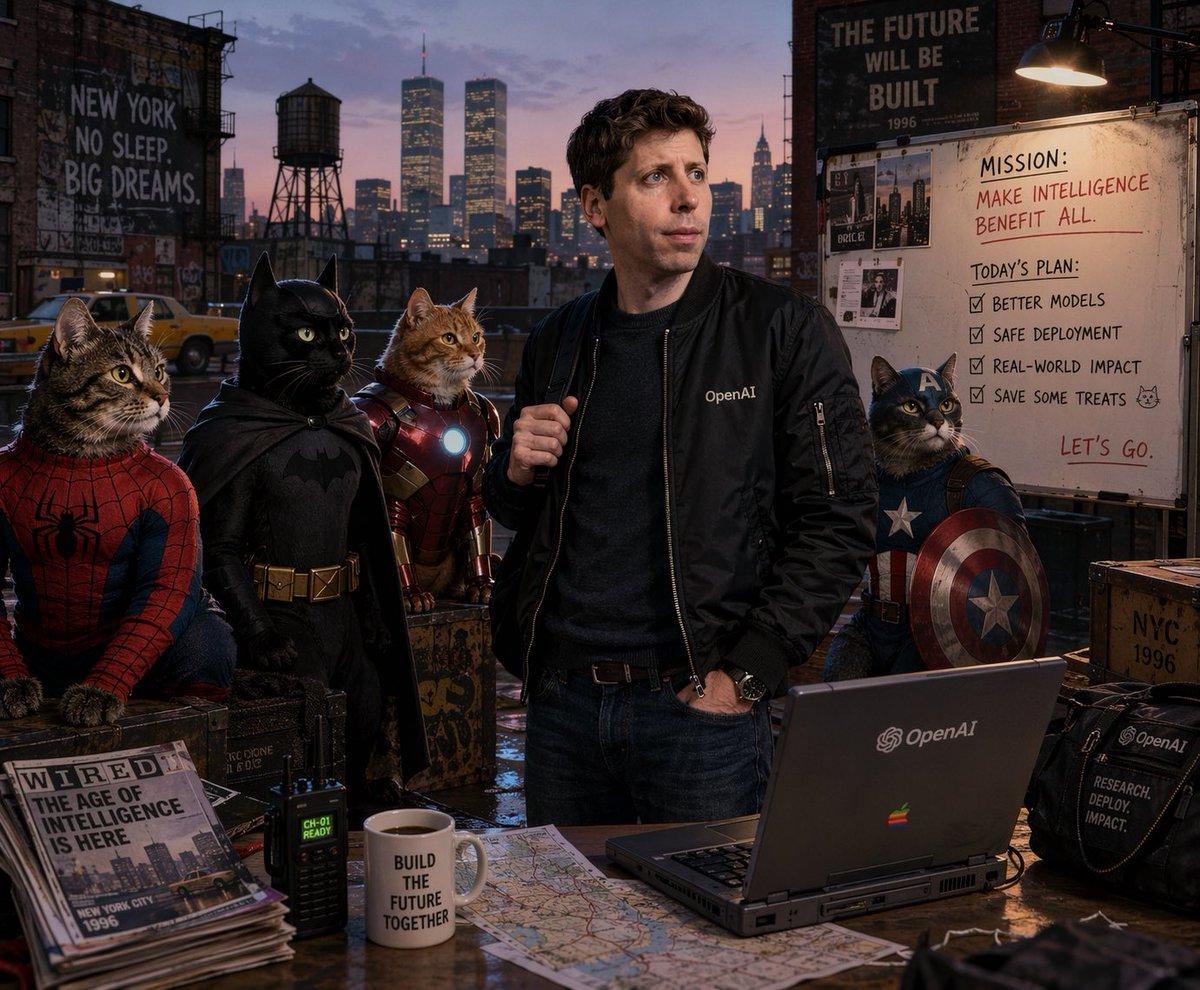Retro Tech CEO with Superhero Cats - AI image template preview