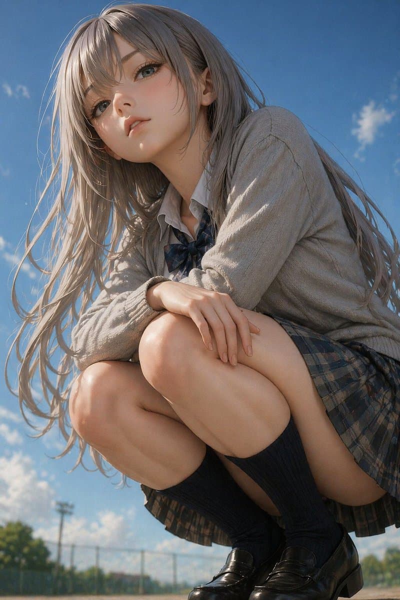 Photorealistic Anime Schoolgirl Crouching Portrait - AI image template preview