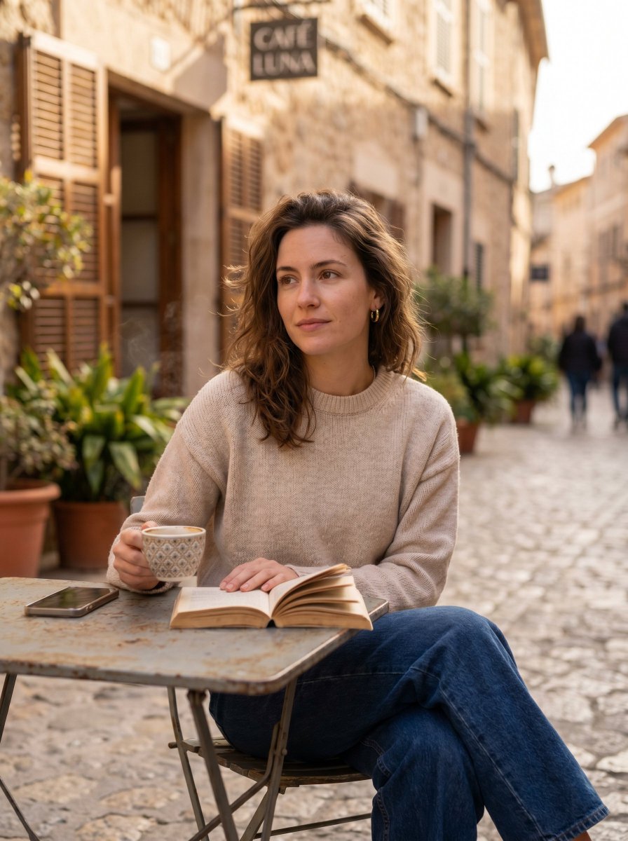 Woman Reading at European Street Café - AI image template preview