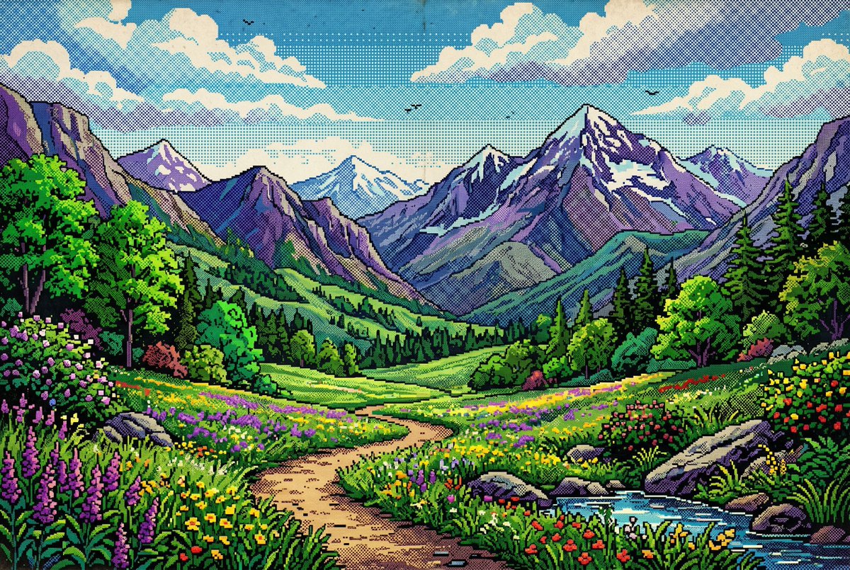 Retro Pixel Mountain Valley - AI image template preview
