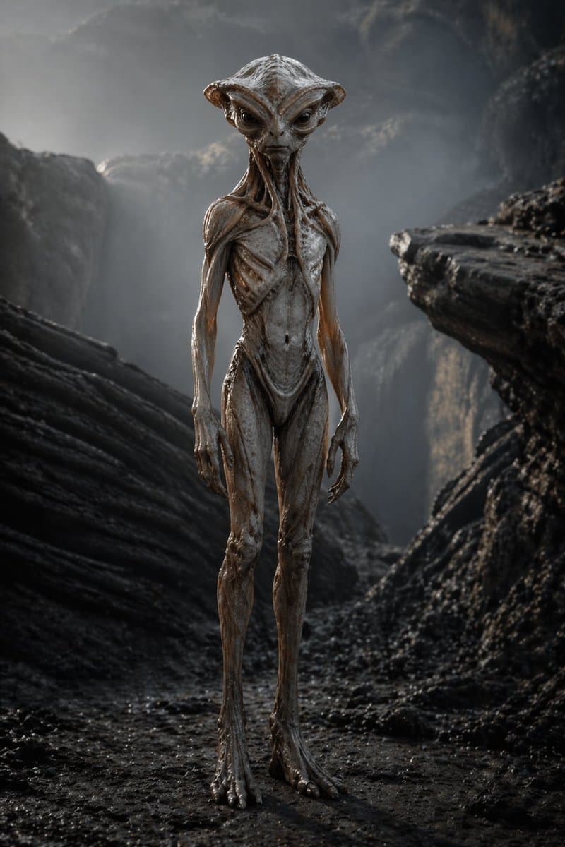 Photoreal Alien in Dark Ravine - AI image template preview