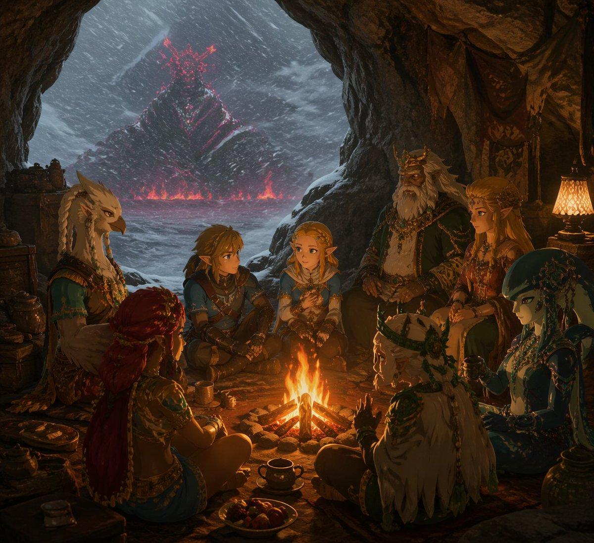 Fantasy Campfire Before a Crimson Mountain - AI image template preview