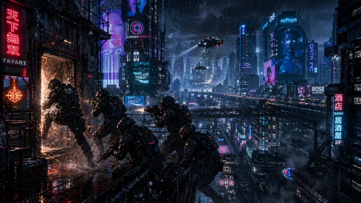 Cyberpunk Rooftop Breach Raid - AI image template preview