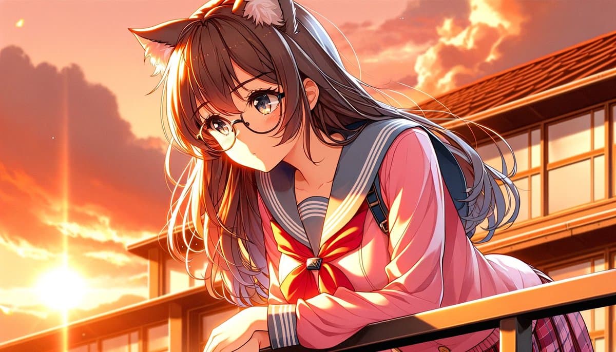 Sunset Catgirl School Rooftop Anime - AI image template preview