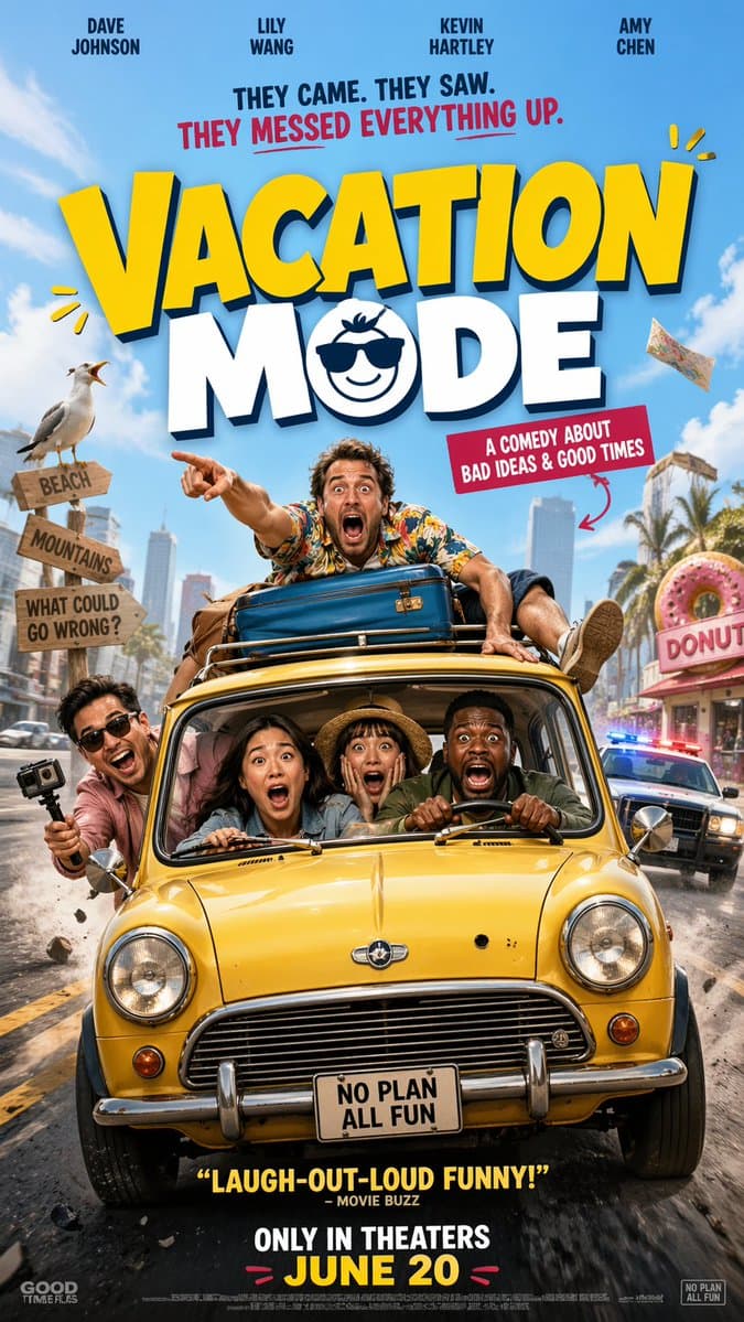Chaotic Road Trip Comedy Poster - AI image template preview