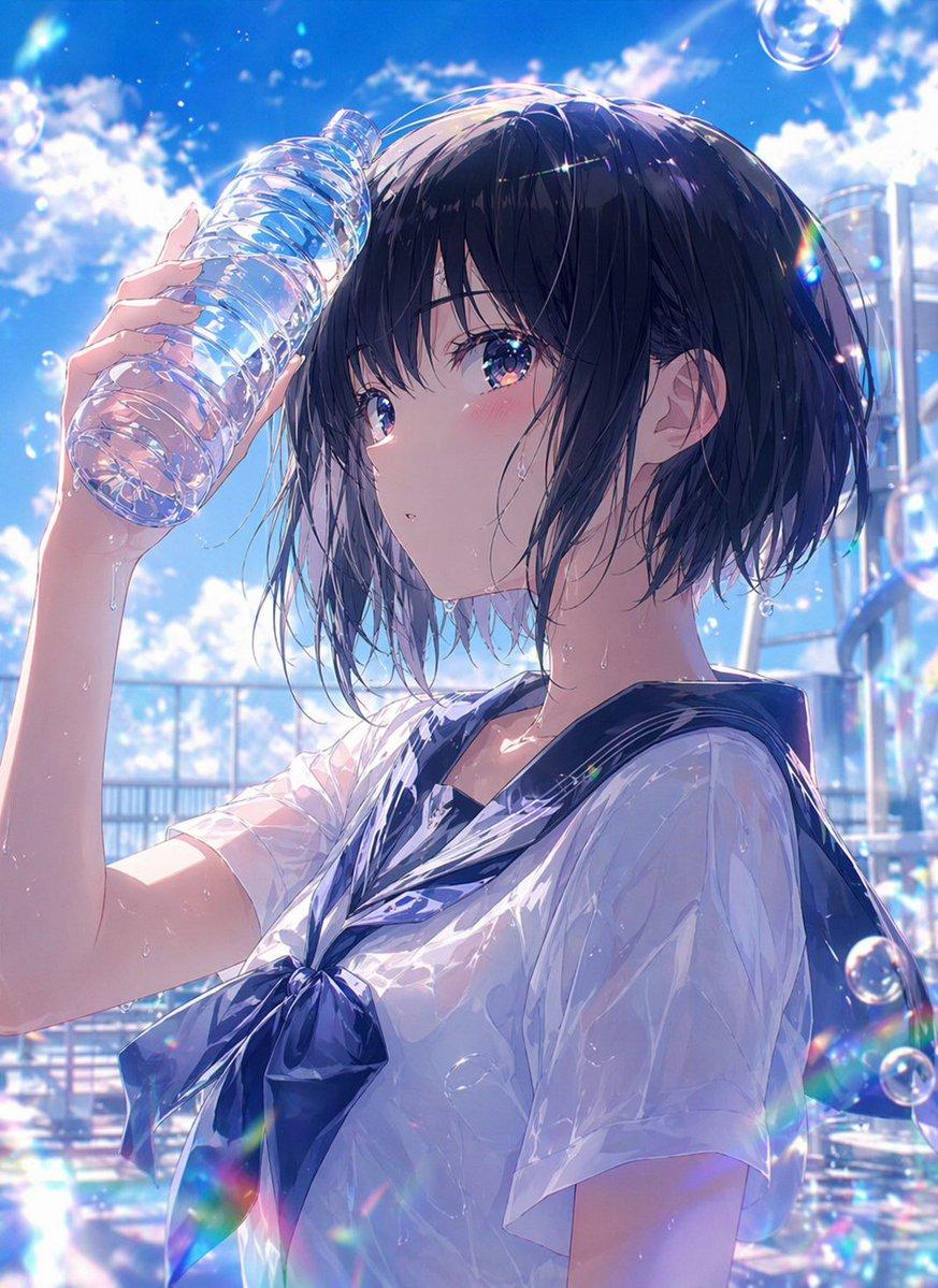 Wet Summer Anime Schoolgirl Portrait - AI image template preview
