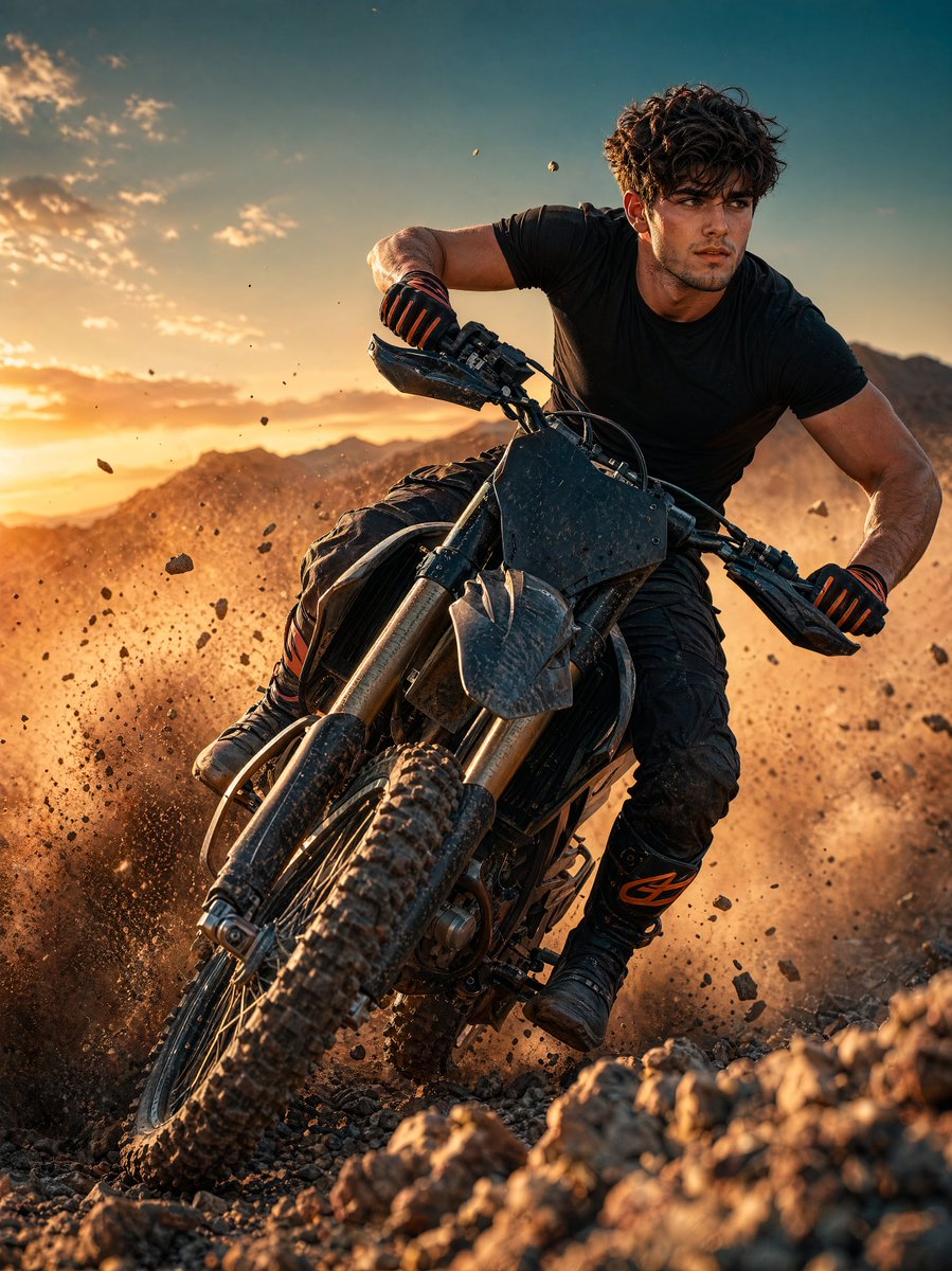 Sunset Motocross Action Portrait - AI image template preview
