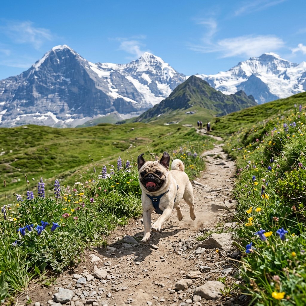 Pug Running on Alpine Trail - AI image template preview